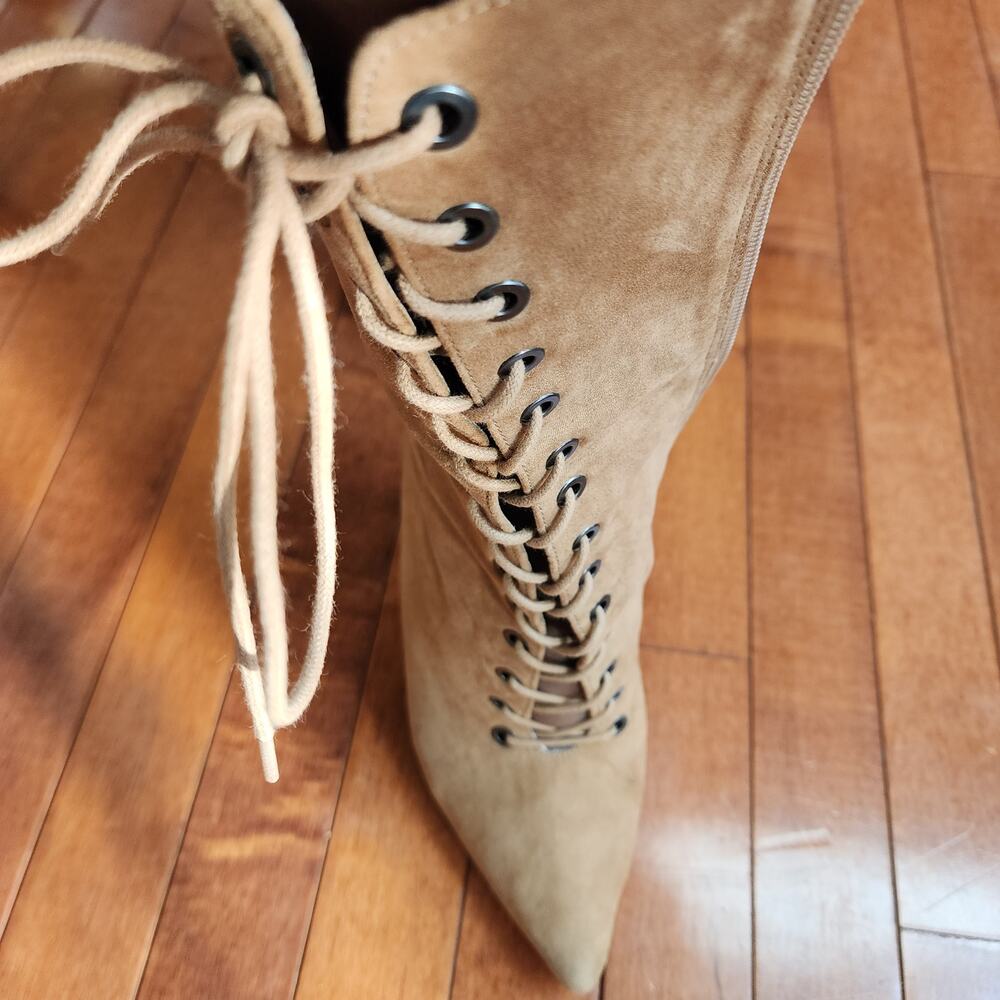 Anne Michelle Tan Lace-Up Stiletto Boots Size 39 (US 8–8.5) Y2K Glam Women